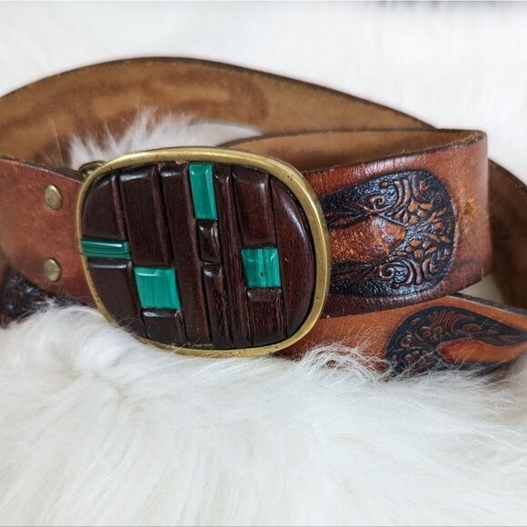 Vintage tooled leather belt brass wood green stone buckle 36